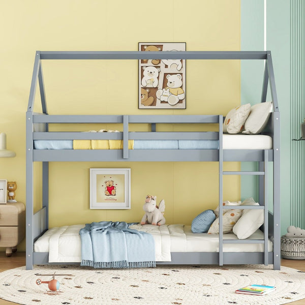 English Elm Twin House-Style Floor Bunk Bed With Safety Guardrails, Durable Rubberwood, And Fun Grey Finish W504P314947-GIGA