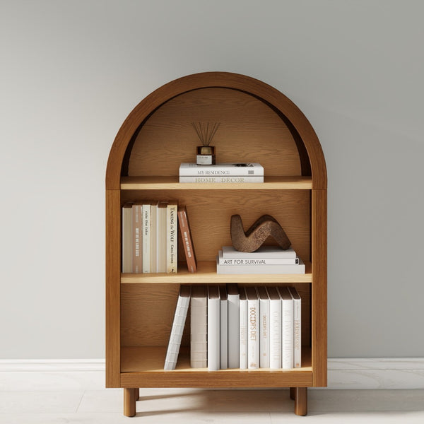 English Elm Arched Three Tier Bookshelf White Frame Woodgrain Shelves Modern Storage for Any Room W2557P428369