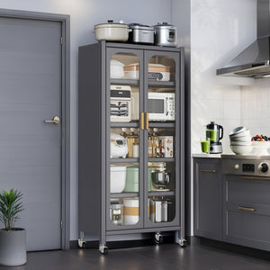 English Elm 65" Metal Pantry Cabinet with Transparent Doors, 6-Tier Adjustable Shelves, Locking Wheels, Gray W3204P300623