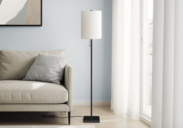 English Elm Lighting, 62"h sleek metal floor lamp with ivory drum shade, pull-chain, modern ambient lighting for rooms Black 12 L x 12 W x 19 H B2710P221315