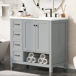 English Elm 36" Freestanding Bathroom Vanity Solid Wood Mdf Cabinet Ceramic Undermount Sink Open Shelf Grey N725P364203E