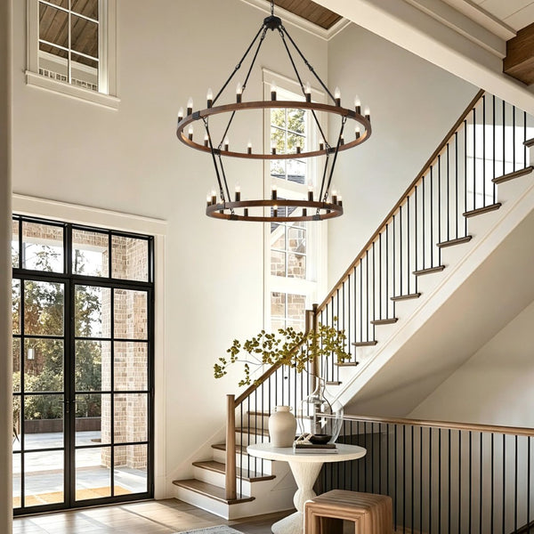 English Elm Large Two Tier Wagon Wheel Chandelier 32 Light Farmhouse Metal Wood Grain Foyer W5008P464922