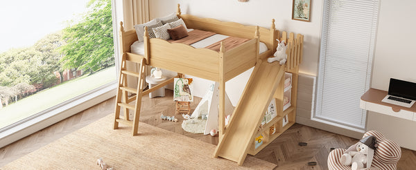 English Elm Full Loft Bed With Fun Slide, Storage Shelves, Solid Wood Design For Kids' Cozy Room Setup W1580S00247
