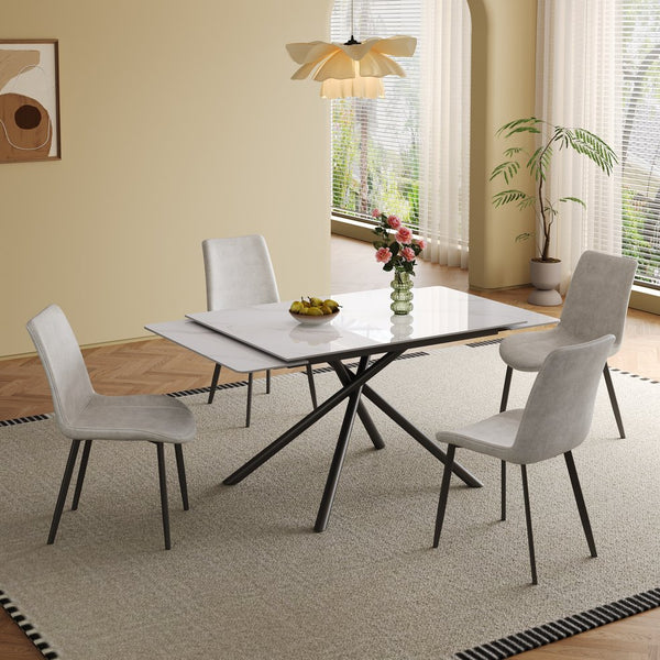 English Elm Retractable Sintered Stone Dining Table with Carbon Steel Legs, 83" Rectangular Modern Design, Durable and Easy-Clean White W509P340583