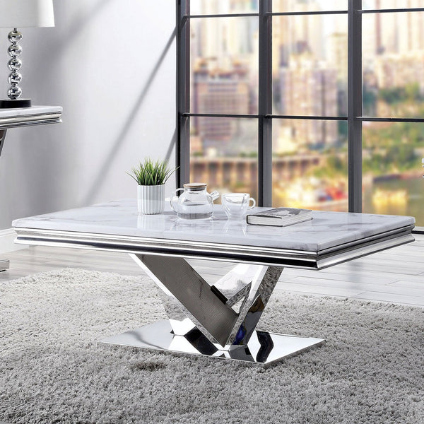 English Elm Modern Glam Coffee Table with 18mm Faux Marble Top, Beveled Edges and Curved Pedestal Metal Base Chrome 55 L x 32 W x 4 H B2741S00433