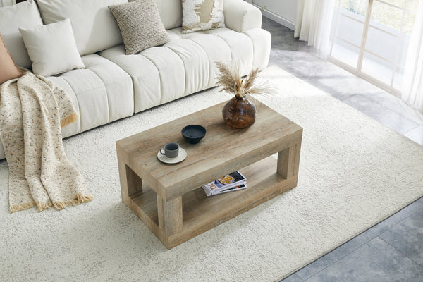 English Elm Modern Two Tier Rectangular Coffee Table with Open Shelf Storage for Living Rooms W3875P389557