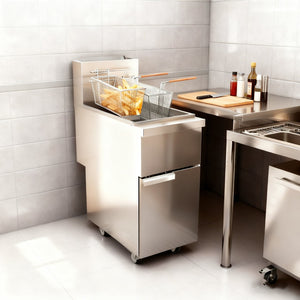 English Elm Commercial Natural Gas Floor Fryer 120000 Btu Stainless Steel with Casters W5057P394296