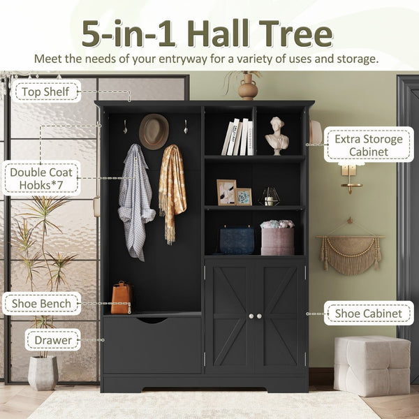 English Elm Multi-functional Entryway Hall Tree with Hooks Bench Drawer Cabinet in Matte Black W1307S00034