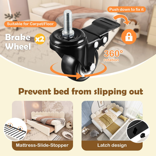 English Elm Upholstered Twin Daybed with Pull-Out Trundle, Velvet Upholstery, Metal Slatted Frame, 300lb Capacity Beige AA20362122B