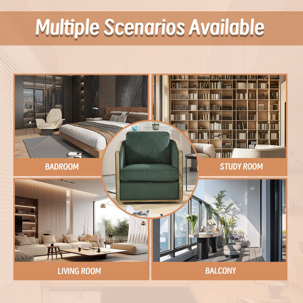 English Elm Corduroy Swivel Barrel Chair with Sturdy Wood Frame & Metal 360° Base, Plush Corduroy Comfort Pop Emerald W395P220271