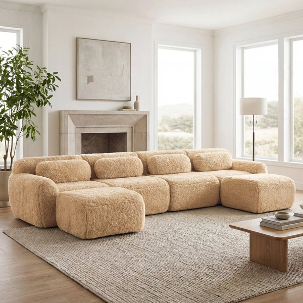 English Elm U-shaped Modular Sectional Sofa with Plush Fabric and High Resilience Foam for Living Rooms Light Khaki W714S01573