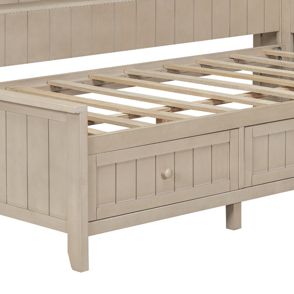 English Elm Twin Wood Daybed with 3 Drawers & Open Shelves, Antique White Milk Finish — Storage, Classic Charm, Twin Size Craftsmanship GX002213AAK