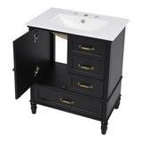 Christopher Knight Home® - Noble House - - 30" Bathroom Vanity With Sink, Bathroom Cabinet With A Door, Three Drawers, Solid Wood Legs & Mdf Board, Adiustable Foot Pads, Black (Other Color: N725P195409K)