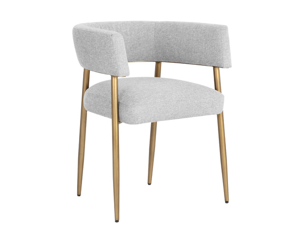 Sunpan Maestro Contemporary Dining Armchair with Curved Frame and Antique Brass Legs for Elegant Dining Belfast Heather Grey