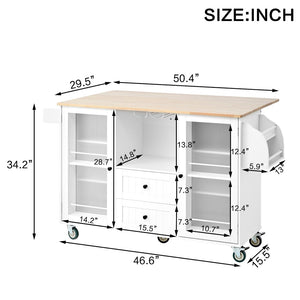 English Elm Mobile Rolling Kitchen Island with Rubberwood Drop Leaf Top Drawers and Cabinet in White W1157P308196