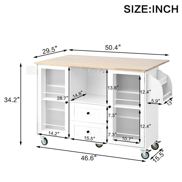 English Elm Mobile Rolling Kitchen Island with Rubberwood Drop Leaf Top Drawers and Cabinet in White W1157P308196