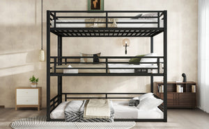 English Elm Queen Metal Triple Bunk Bed - Space-Saving Design With Safety Guardrails & Noise Reduction, Black Finish W1580S00176-GIGA