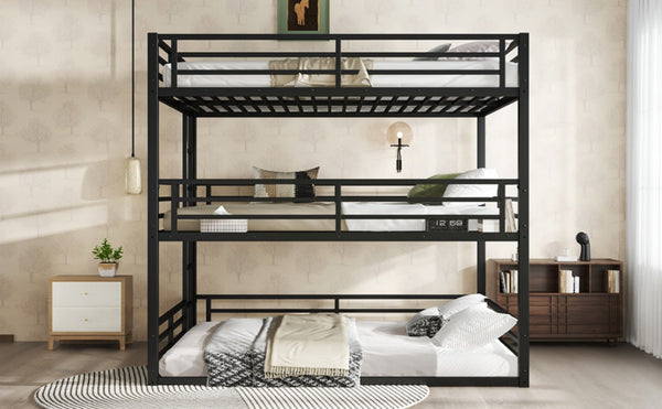 English Elm Queen Metal Triple Bunk Bed - Space-Saving Design With Safety Guardrails & Noise Reduction, Black Finish W1580S00176-GIGA