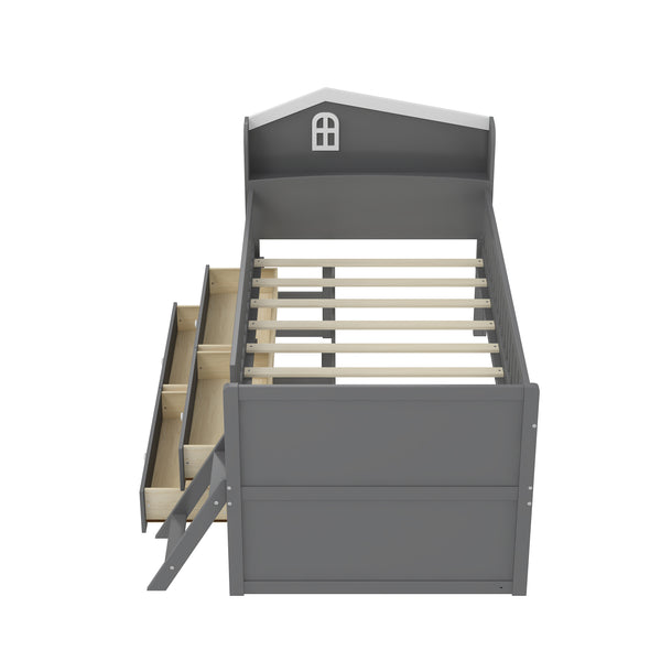 English Elm Twin Bed Frame with Storage Drawers and House Headboard, Kids Platform Bed with Guardrail Ladder and Shelf Gray 49.3 L x 16.25 W x 7.75 H N733S278032E