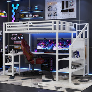 English Elm Metal Queen Loft Bed with Wardrobe, LED Light, L-Shaped Desk and USB Ports for Space-Saving Rooms White 65.75 L x 17.52 W x 6.3 H W2593S00039