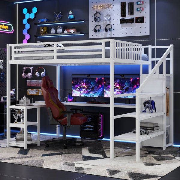 English Elm Metal Queen Loft Bed with Wardrobe, LED Light, L-Shaped Desk and USB Ports for Space-Saving Rooms White 65.75 L x 17.52 W x 6.3 H W2593S00039