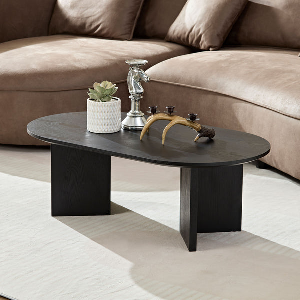 English Elm Length 39.37 Inch Modern Oval Coffee Table – Sleek MDF Pedestal Design, Space-Saving Durable Accent for Living Rooms and Apartments Black W2582P217992