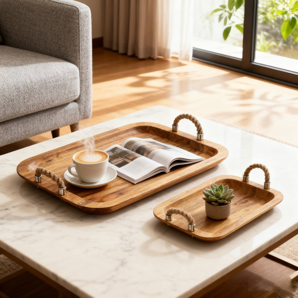 English Elm S/2 Tabari Wood Trays with Jute Handles - Mango Wood Serving & Display Set for Organic, Transitional Homes W2078P391134