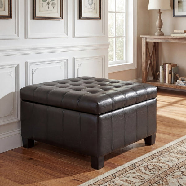 English Elm Black Tufted Pu Lift Top Storage Ottoman with Rubberwood Legs for Living Spaces Black N779P404084B