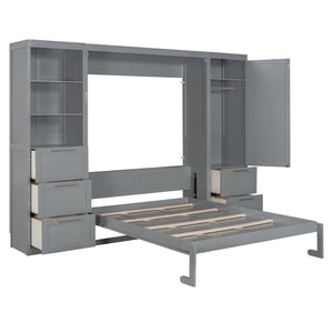 English Elm Queen Murphy Wall Bed with Wardrobe Drawers and Shelves for Studio or Guest Room Gray LP000865AAE-1