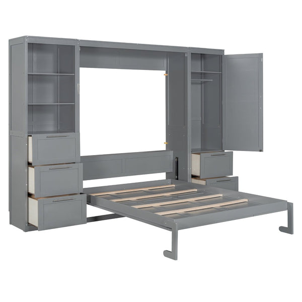English Elm Queen Murphy Wall Bed with Wardrobe Drawers and Shelves for Studio or Guest Room Gray LP000865AAE-1