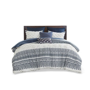 English Elm Full/Queen Mila 3 Piece Cotton Duvet Cover Set with Navy Botanical Print, Chenille Tufting & OEKO-TEX Comfort B035129137