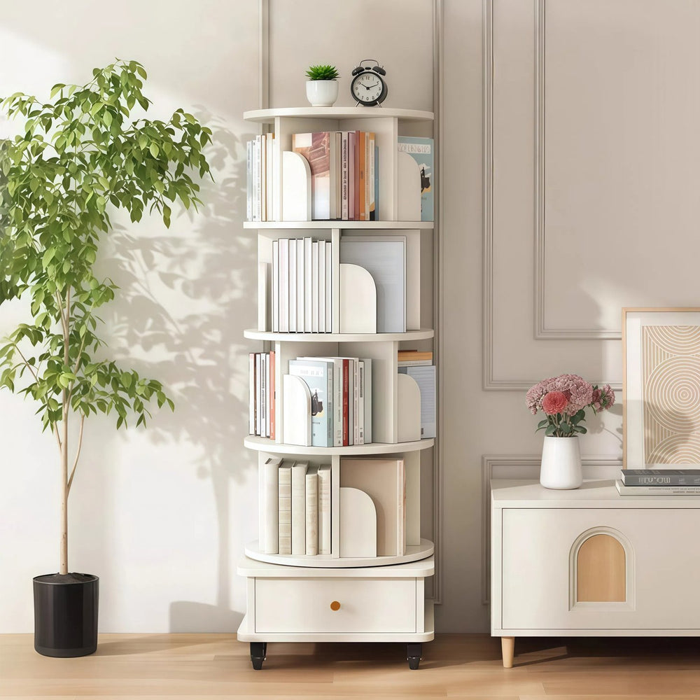 English Elm 5 Tier Rotating Bookshelf with 360° Spin, Locking Wheels, Stable Base & Drawer Storage for Home W3204P309488