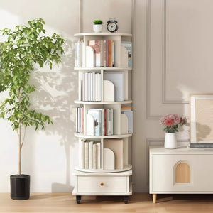 English Elm 5 Tier Rotating Bookshelf with 360° Spin, Locking Wheels, Stable Base & Drawer Storage for Home W3204P309488