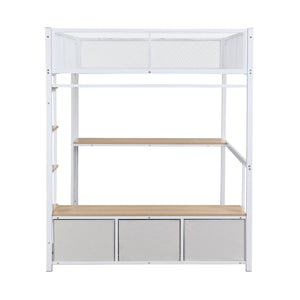 English Elm Full Metal Gaming Loft Bed with LED Lighting, Built-In Desk, Open Wardrobe and 3 Drawers for Space-Saving Comfort White GX001133AAK