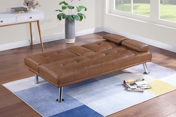 English Elm Living Convertible Faux Leather Sofa with Tufted Upholstery, Fold-Down Table and Cup Holders, Metal Legs Brown 39 L x 8 W x 67 H B011P381497