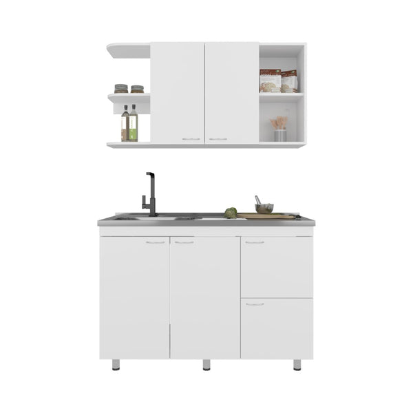 English Elm Byron Two Piece White Kitchen Cabinet Set with Sink Basin Six Doors Nine Shelves B097S00227