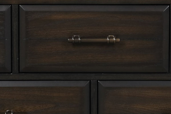 English Elm Queen Sleigh Bed Dark Mahogany Set with Dresser, Mirror, Chest & Nightstand — Solid Wood, Hardware B2699S00069