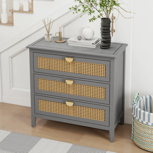 English Elm 3 Drawer Cabinet Solid Wood Veneer & Natural Rattan Finish, Hand-Painted Detail, Anti-Slip Feet for Bedroom Living Room Study (34x18x10 in) Gray W68858065
