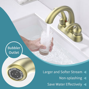 English Elm Bathroom Faucet 2-Handle Brushed Gold Swan Style - Modern Centerset Sink Fixture With Drain & Hoses T3177P277484