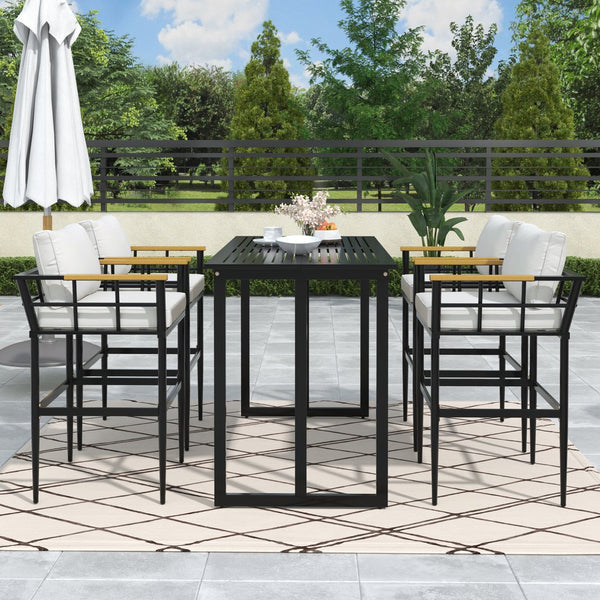 English Elm U_Style Iron Outdoor Dining Set with Acacia Wood Armrests, 5-Piece Patio Set with Cushioned Seats and 400 lb Capacity Beige WY000445AAA