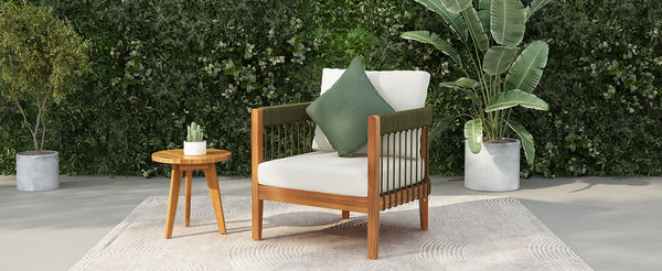 English Elm Christopher Knight Home® - Acacia Wood Outdoor Club Chair with Handwoven Rope, Curved Back & Water-Resistant Cushions for Patio Green,Natural+Beige N767P265743A