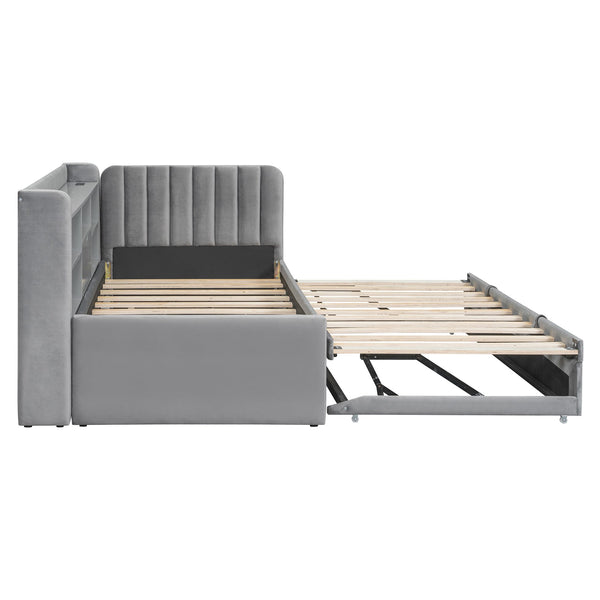 English Elm Twin Upholstered Daybed with Pull-Up Trundle, Velvet High Back with Shelves, Flip Storage & USB Gray SF000194AAE