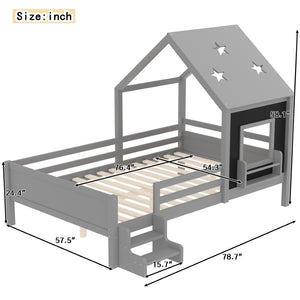 English Elm Full Bunk Bed with Trundle Bookshelf Storage Pine Frame Car Design for Kids Gray W1580S00296