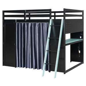 English Elm Full Size Wood Loft Bed with Wardrobe Desk Shelves Rgb Lighting and Blackout Curtains Black+Blue LT000269AAC-1