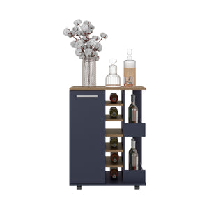 English Elm Bar Cart Navy Blue with Natural Oak Accents, Locking Casters, Six Wine Cubbies, Enclosed Cabinet, Spacious Shelving - Stylish Mobile Bar for Home Entertaining B200P378367