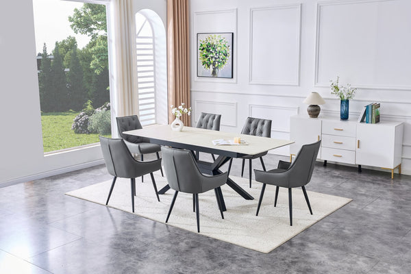 English Elm Modern Extendable Sintered Stone Dining Table with Auto-Lift, Scratchproof Waterproof Top & Black Metal Base W3493S00005