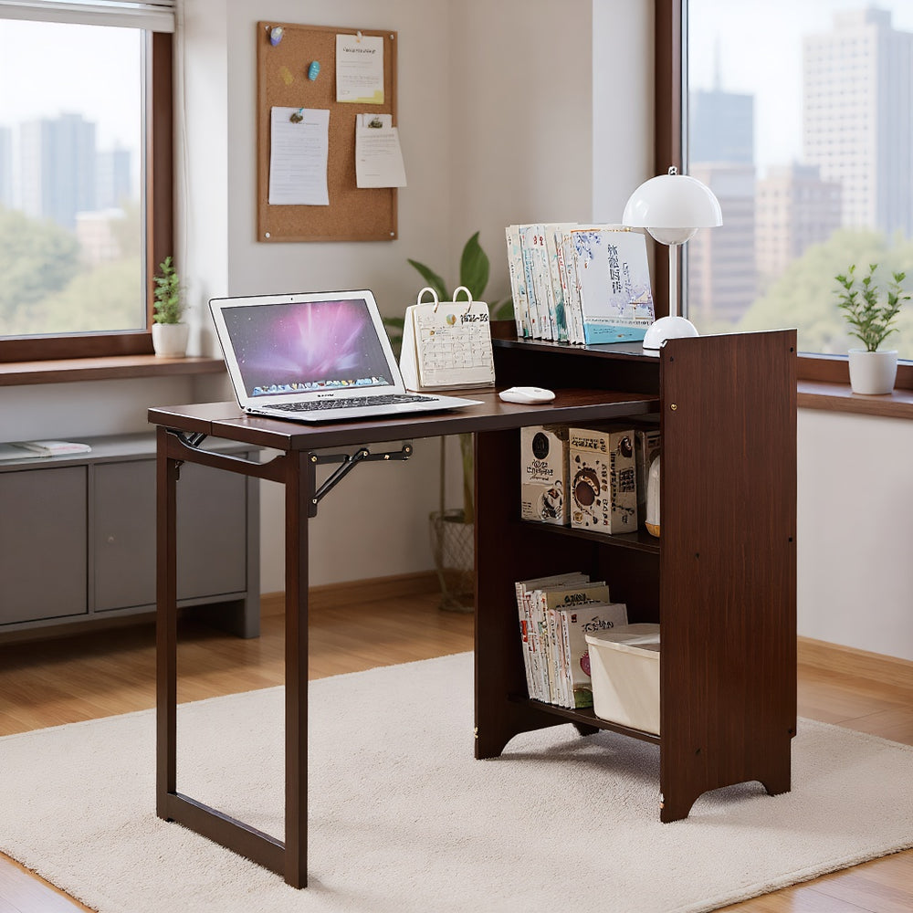 English Elm Bamboo Folding Desk with Hidden Storage & Built-In Socket, Mid-Century Compact Workstation for Small Spaces W2641P365763