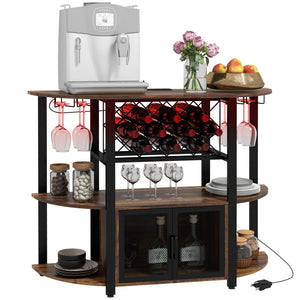 English Elm HOMCOM Industrial Wine Bar Cabinet with LED Lights, Charging Station, 10-Bottle Rack, Rustic Brown W2225P200789