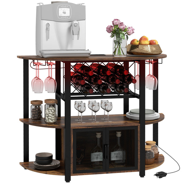 English Elm HOMCOM Industrial Wine Bar Cabinet with LED Lights, Charging Station, 10-Bottle Rack, Rustic Brown W2225P200789