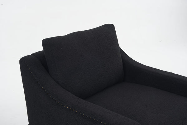 English Elm 011-Teddy Plush Swivel Accent Chair with High Back, Rivet Trim, 360° Rotation, Storage & Pockets Black W527P190836